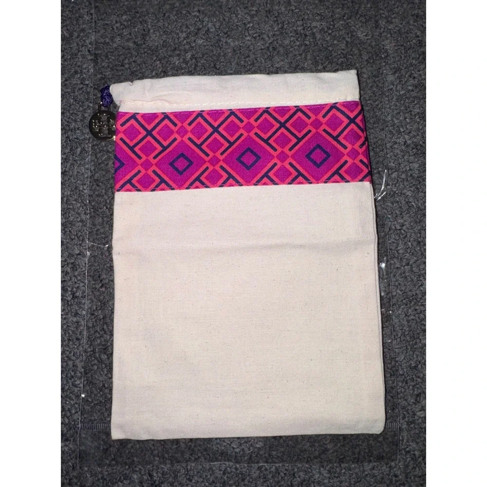 Tory Burch Canvas Dust Bag Drawstring Shoe Pouch Logo‎ Charm Cream Pink Purple